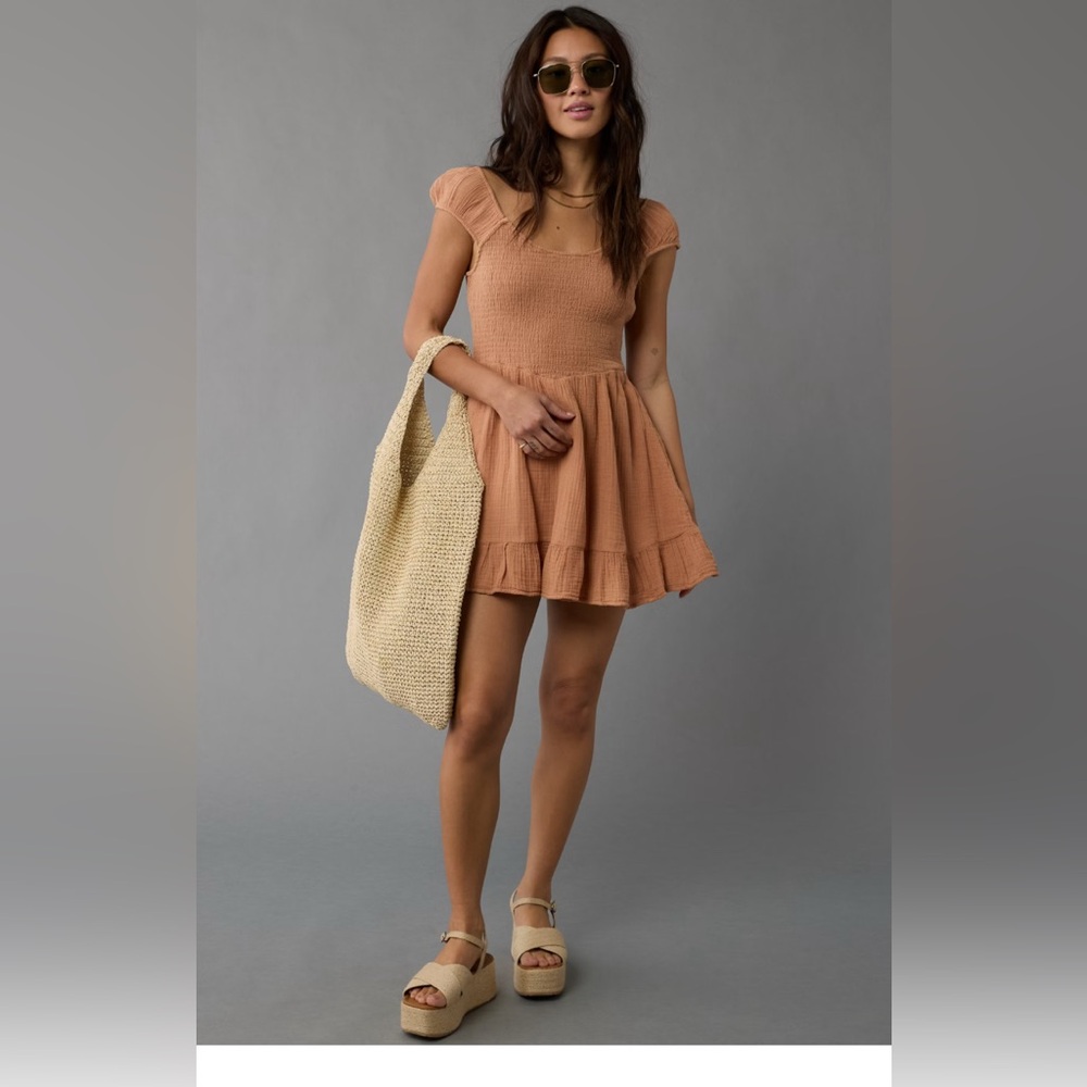 American Eagle Tan gauze smocked dress (medium)